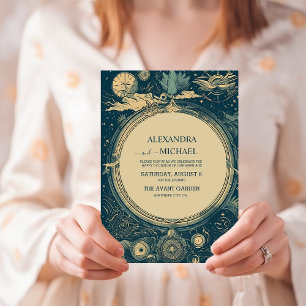 Boda con tarjeta de tarot celestial azul y dorado