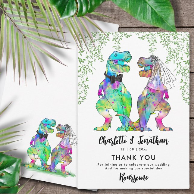 Boda con tema de dinosaurio agradecimiento (Dinosaur wedding funny colorful T-Rex bride and groom and Jurassic jungle foliage wedding thank you)