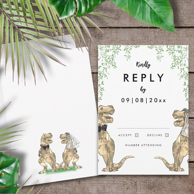 Boda con tema de dinosaurios Respuesta (T-Rex bride and groom funny dinosaur wedding invitation RSVP reply enclosure card)