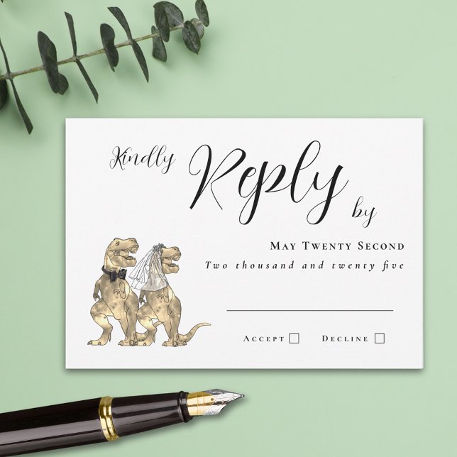 Boda con tema de dinosaurios respuesta (funny dinosaur wedding RSVP card T-Rex bride and groom modern elegant script simple minimalist )