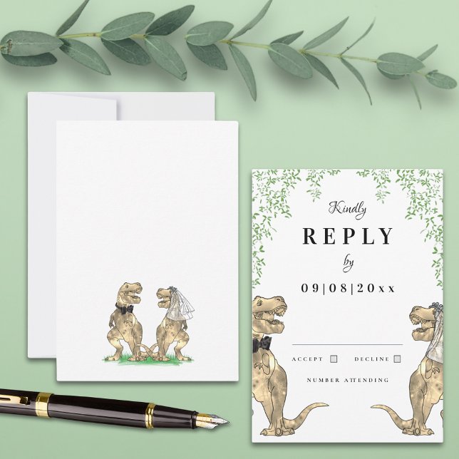 Boda con tema de dinosaurios respuesta (Botanical dinosaur theme wedding invitation reply with watercolor eucalyptus T-Rex bride and groom )
