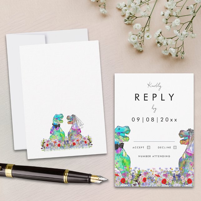 Boda con tema de dinosaurios respuesta (Modern wildflower dinosaur theme wedding reply enclosure card)