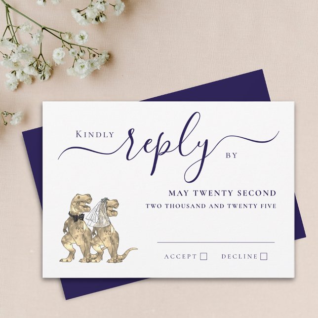 Boda con tema de dinosaurios Respuesta Azul Marino (Dinosaur theme wedding navy blue & white RSVP invitation Card T-Rex dino bride & groom elegant )
