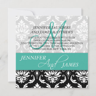 Boda Damask Monograma Nombre Turquesa Invitaciones