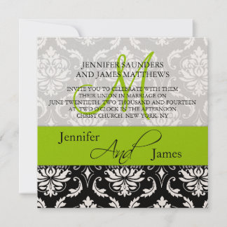 Boda Damask Monograma Nombres Invitación verde