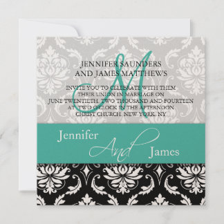 Boda Damask Monograma Nombres Turquesa Invitación