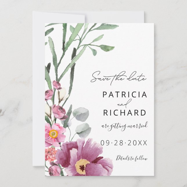 Boda de acuarela de flores silvestres Save The Dat (Anverso)