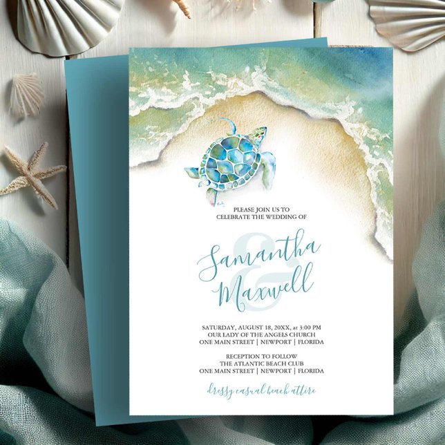 Boda de acuarela de tortuga tropical turquesa (Beach wedding invitations watercolor sea turtle art by Victoria Grigaliunas of Do Tell A Belle)