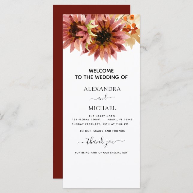 Boda de acuarela del Sunflower Burgundy (Anverso / Reverso)