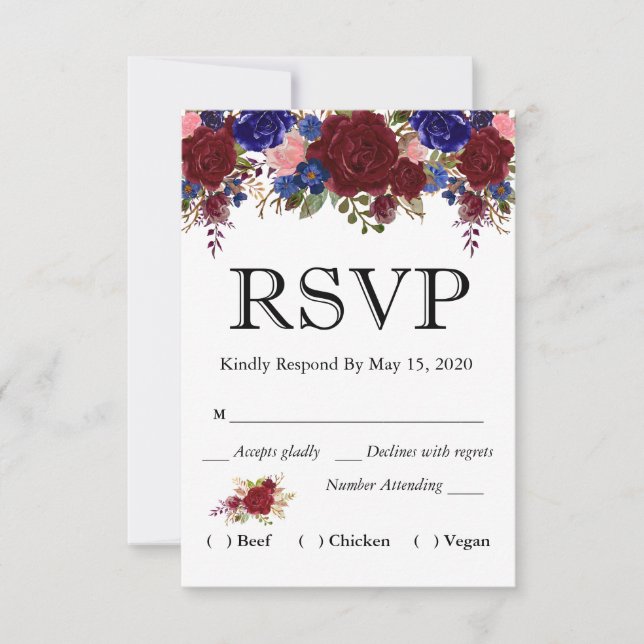 Boda de Acuarela Floral Burgundy Navy RSVP Comida (Anverso)