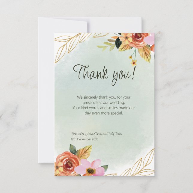 Boda de acuarela floral verde Gracias tarjeta (Anverso)