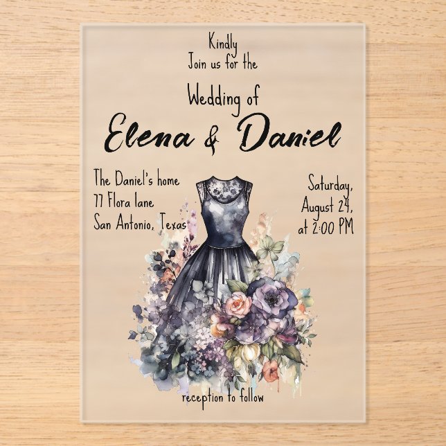 Boda de acuarela vestido negro Invitación acrílica (Anverso)