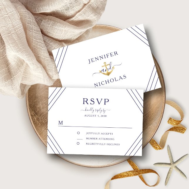 Boda de Ancla de Oro de Rayas Náuticas RSVP (Front/Back Nautical Stripes Gold Anchor Wedding RSVP)