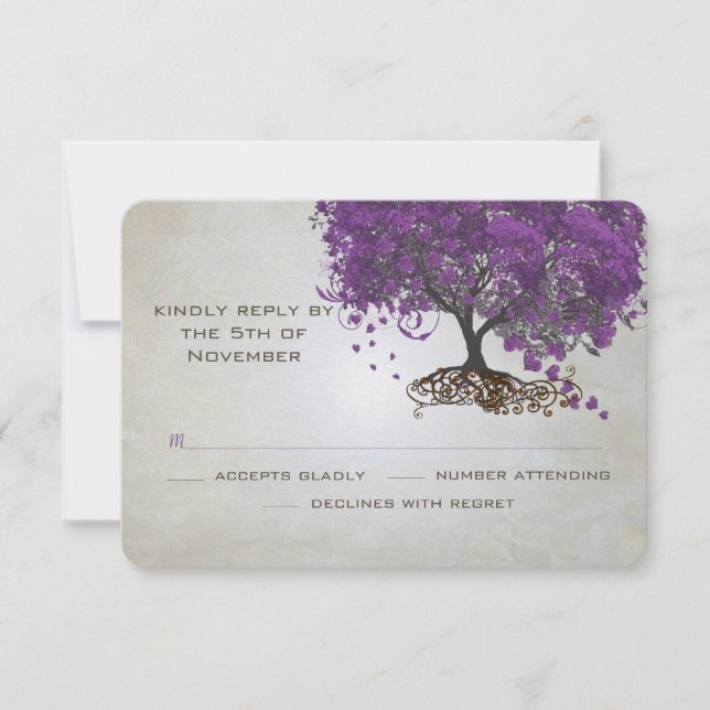Boda de árbol de hojas de corazón púrpura RSVP (Anverso)