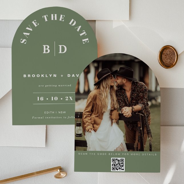 Boda De Arco Moderno Salven La Tarjeta De Fecha (Modern Arch Sage Save The Date Card, Couples Photo, QR Code, Sage Arch Wedding Save The Date Card)