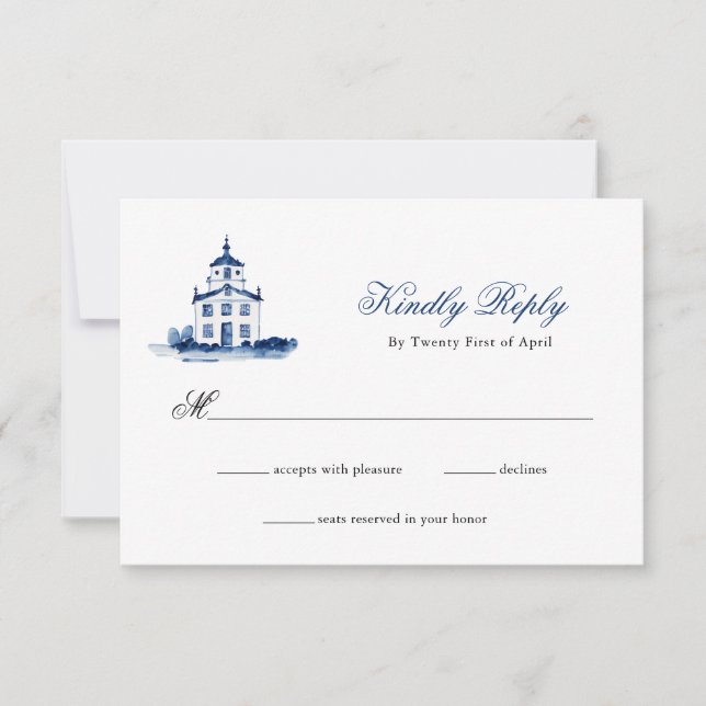 Boda de Blue Watercolor Church RSVP (Anverso)