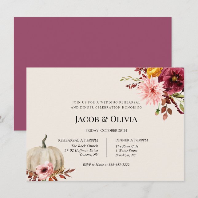 Boda de calabaza floral Invitación a la cena de en (Anverso / Reverso)