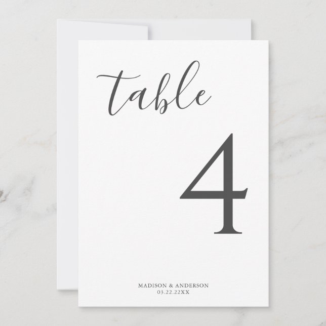 Boda de caligrafía gris minimalista Número de tabl (Anverso)