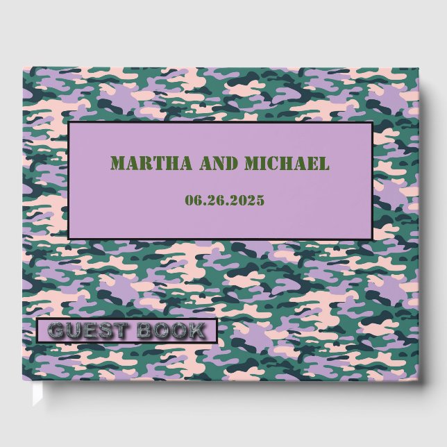 Boda De Camuflaje Rosa Y Verde Libro De Invitado (Anverso)