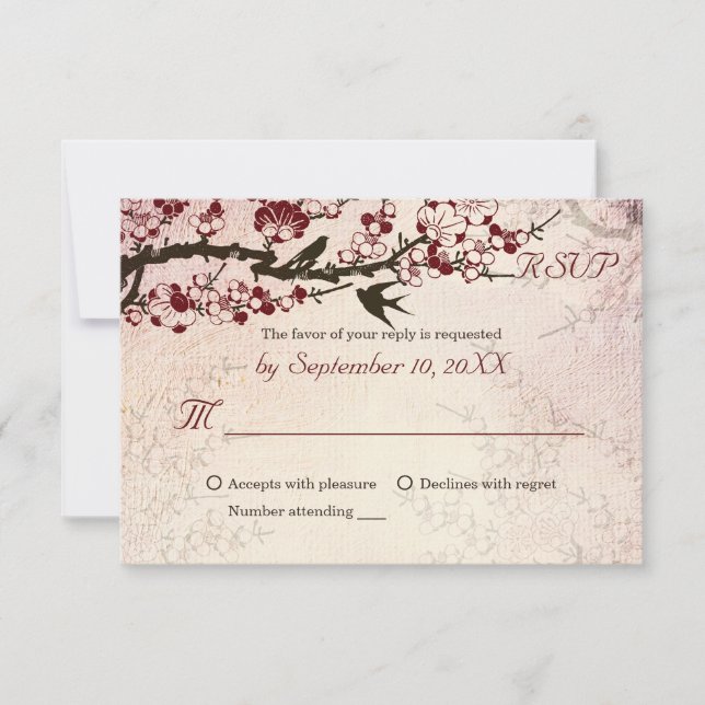 Boda de cerezos y aves amorosas RSVP (Anverso)
