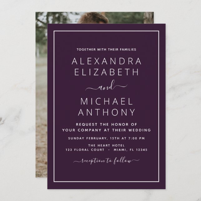 Boda de ciruelas púrpuras con invitación fotográfi (Anverso / Reverso)