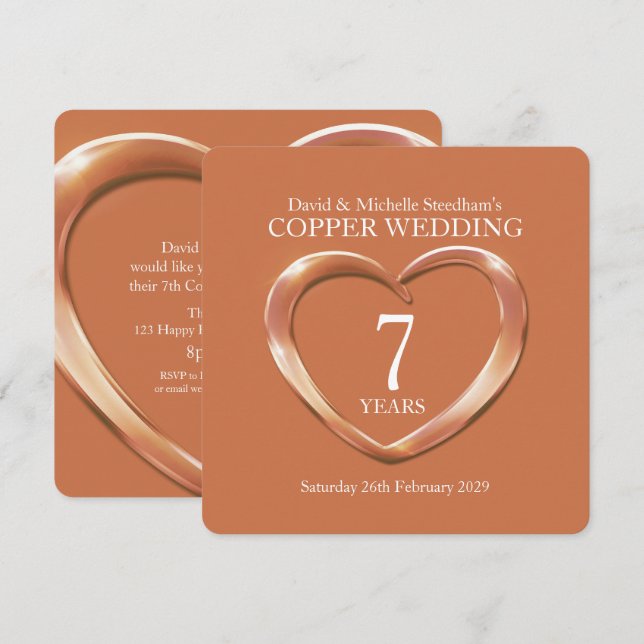 Boda de cobre corazón 7 años fiesta invitación (Anverso / Reverso)