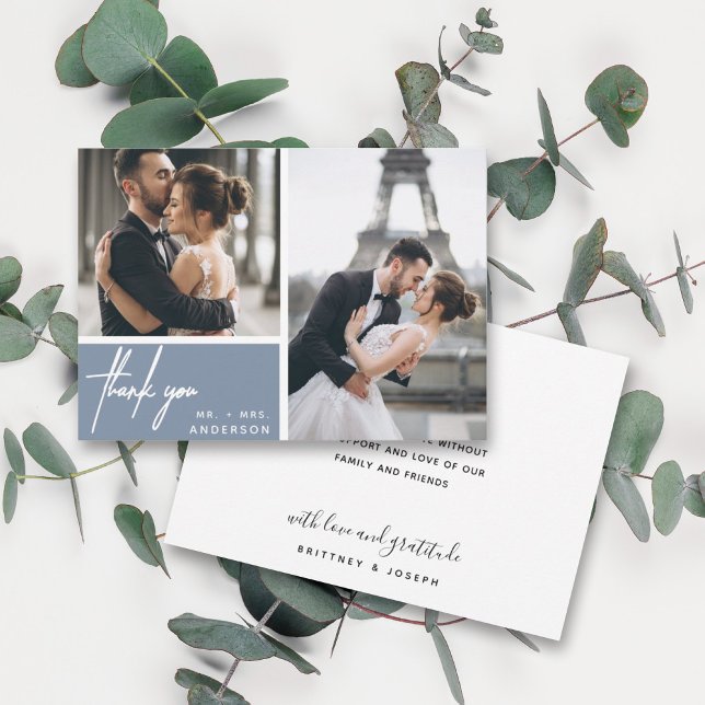 Boda de Collage de fotos azul turbio y moderno gra (Two photo hand lettered thank you wedding card with a minimalistic design perfect for any couple.)