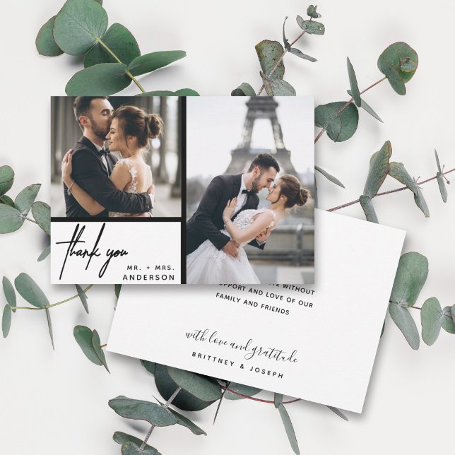 Boda de Collage de fotos blanco moderno gracias (Two photo hand lettered thank you wedding card with a minimalistic design perfect for any couple.)