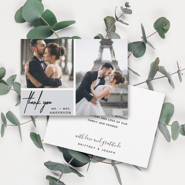 Boda de Collage de fotos gris moderno Gracias (Two photo hand lettered thank you wedding card with a minimalistic design perfect for any couple.)