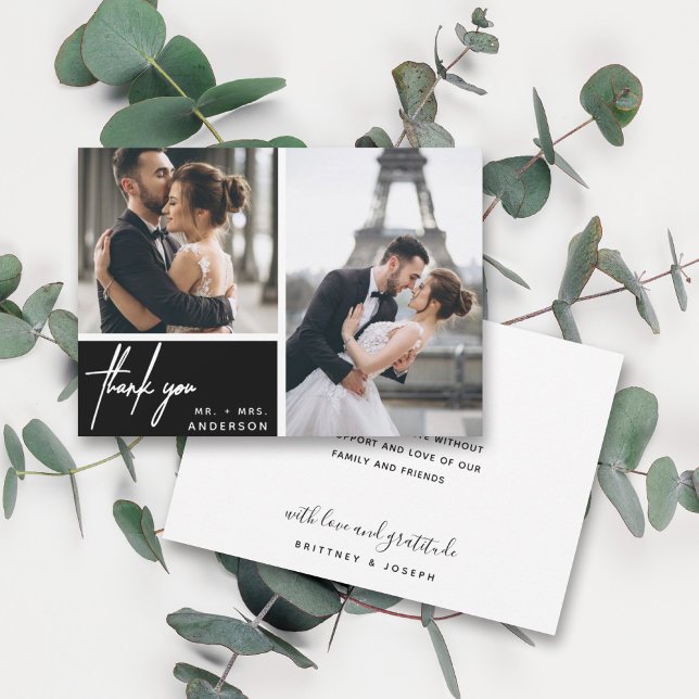 Boda de Collage de fotos negro moderno (Two photo hand lettered thank you wedding card with a minimalistic design perfect for any couple.)