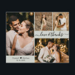 Boda de Collages de fotos de presupuesto Tarjeta d<br><div class="desc">Presupuesto, Elegante, Minimalista Mano Letter 4 Collage de fotos Sage Green Boda Gracias a la tarjeta delgada personalizada asequible de bajo presupuesto. Elegante plantilla de tarjeta de agradecimiento boda con cuatro fotos en la parte delantera y una en la parte posterior. Con el texto "Amor y agradecimiento" en una letra...</div>