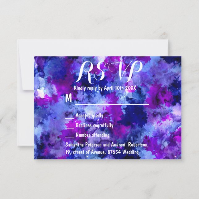 Boda de color púrpura azul moderno RSVP (Anverso)