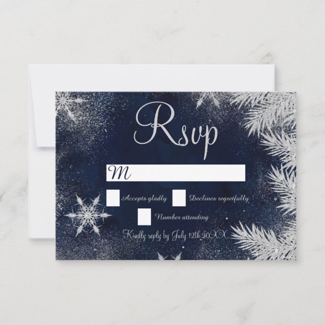 Boda de copo de nieve azul plateado rsvp wonderlan (Anverso)