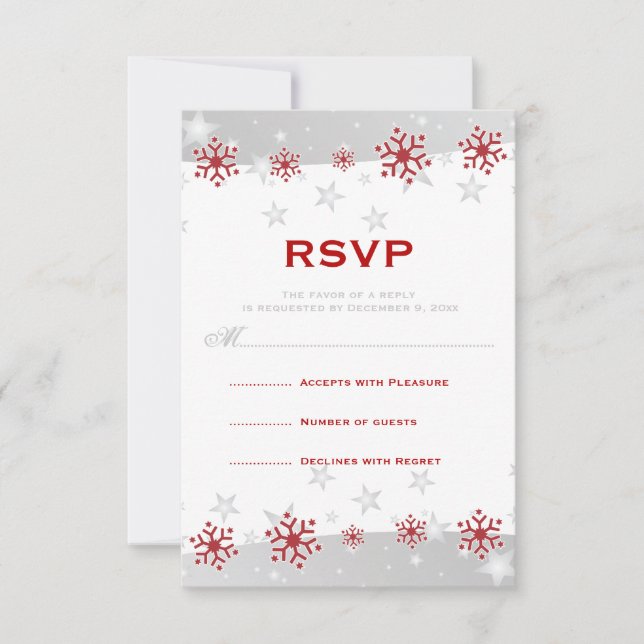 Boda de copo de nieve gris plateado rojo RSVP (Anverso)