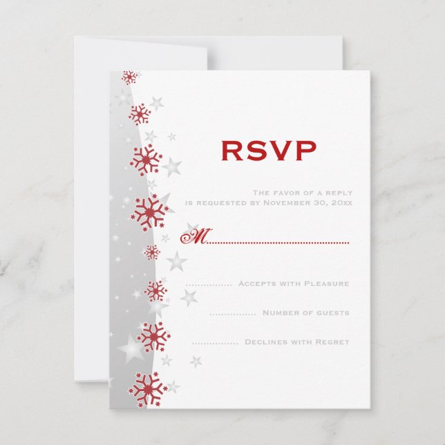 Boda de copo de nieve gris plateado rojo RSVP (Anverso)