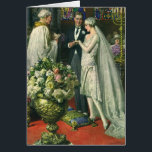 Boda de cosecha, novia y novio con Menorah<br><div class="desc">Imagen de la ceremonia del amor al ilustracion vintage y boda romántico que presenta a una pareja casada en una hermosa sinagoga con vidrieras,  flores y una menorah de siete ramas. La novia lleva un vestido largo y blanco boda y el novio es guapo en su esmoquin.</div>