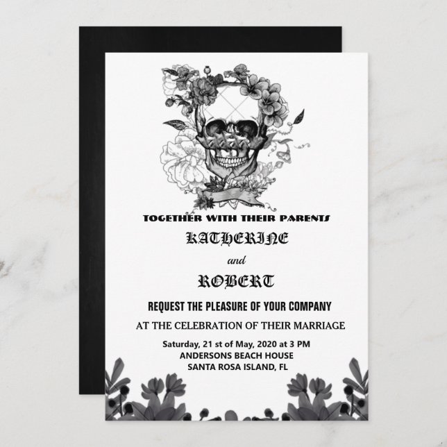 Boda de cráneo Halloween Azúcar Invitación floral  (Anverso / Reverso)