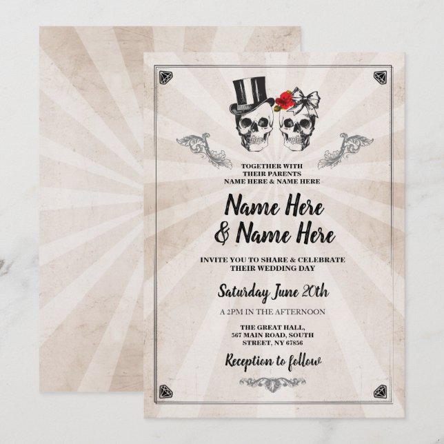Boda de cráneo Halloween Invitación a crema gótica (Anverso / Reverso)