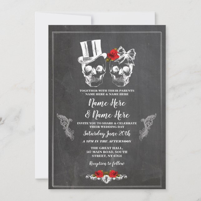 Boda de cráneo Rosas de Halloween Invitación flora (Anverso)