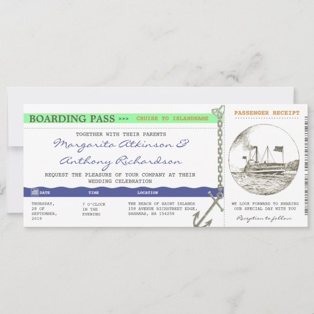 boda de crucero para tarjetas de embarque - marina (Anverso)