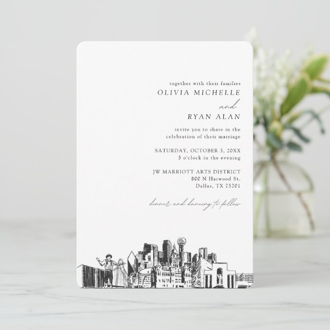 Boda de Dallas Elegant Skyline Sketch Invitación (Anverso de pie)