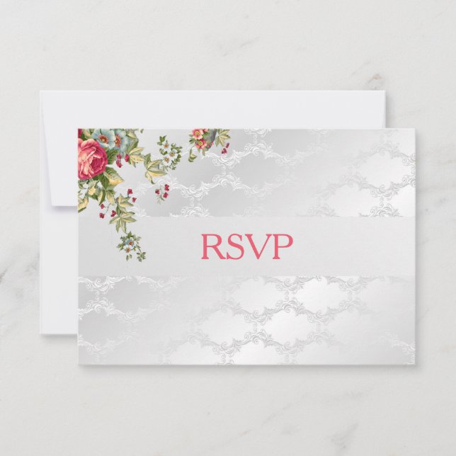Boda de damasco de plata Floral RSVP (Anverso)