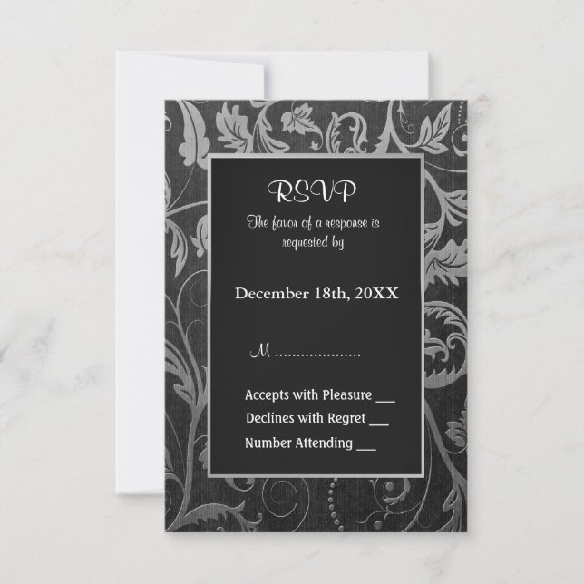 Boda de Damasco Gris Negro y Plata - RSVP (Anverso)