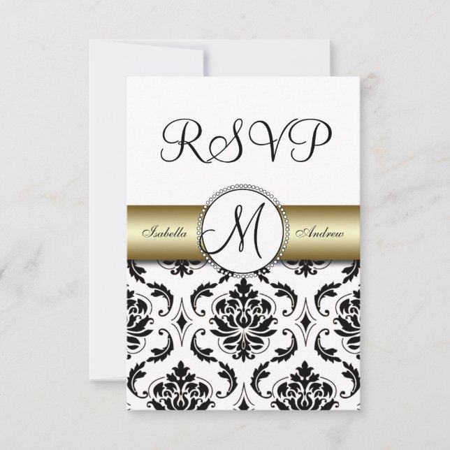 Boda de Damasco Negro y Dorado RSVP (Anverso)