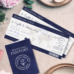 Boda de destino con tarjeta de embarque azul
