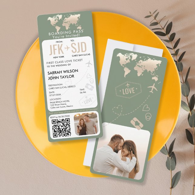 Boda de destino del billete de avión con tarjeta d (sage green vertical boarding pass wedding invitation with golden world map)