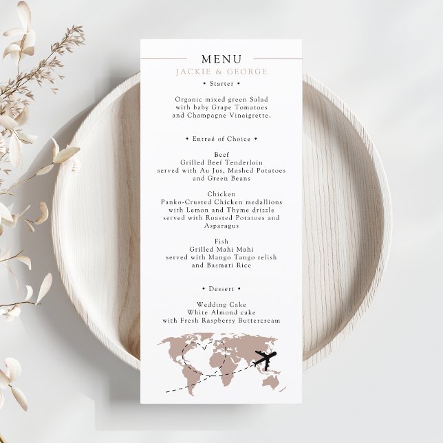 Boda de destino neutro Beige de la tarjeta de emba (World Map Travel Destination Wedding Menu Boarding Pass Passport Beige Neutral Minimalist)