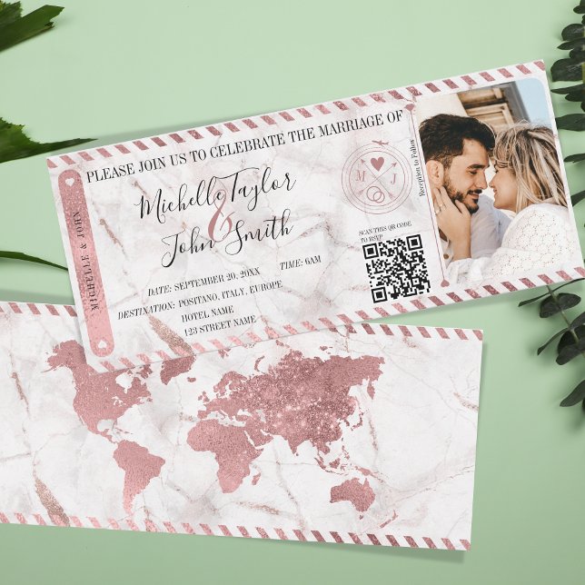 Boda de Destino Tarjeta De Embarque De Oro Código  (rose gold world map boarding pass with photo)