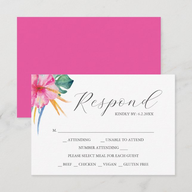 Boda de destino Tarjetas RSVP Rosa vibrante (Anverso / Reverso)