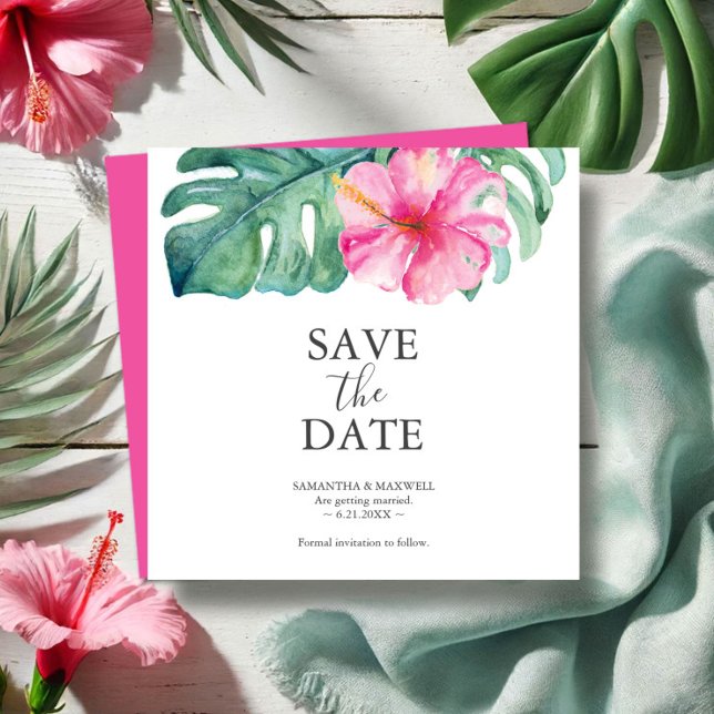 Boda De Destino Tropical Guardar Las Tarjetas De F (Destination wedding save the date invitations watercolor pink hibiscus flower and palm leaf)